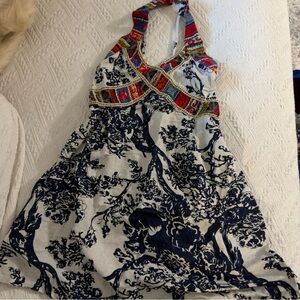 Floral Halter Dress with Red and Blue Accents